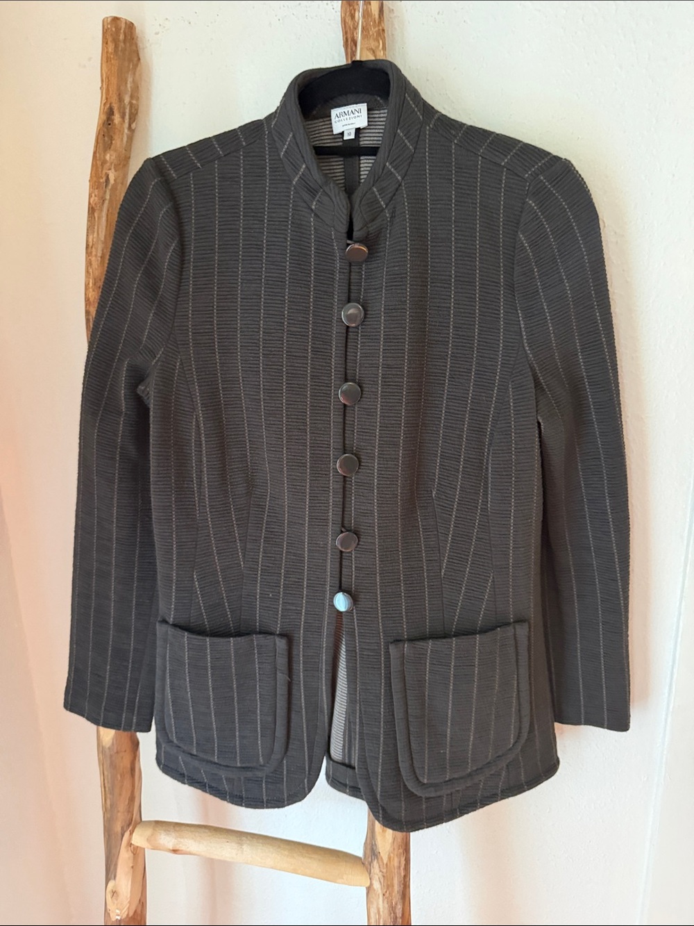 Armani Collezioni Light & Dark Gray Pinstripe Knit Stand-Collar Jacket Blazer 10